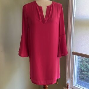 Jade by Melody Tam Hot Pink Shift Dress. Bell sleeves w/tiny pom poms.Size XS